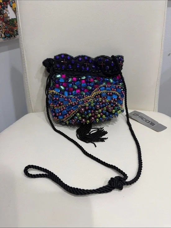 Vintage Chico's  Beaded Black Multicolor Iridescent Drawstring Crossbody Bag