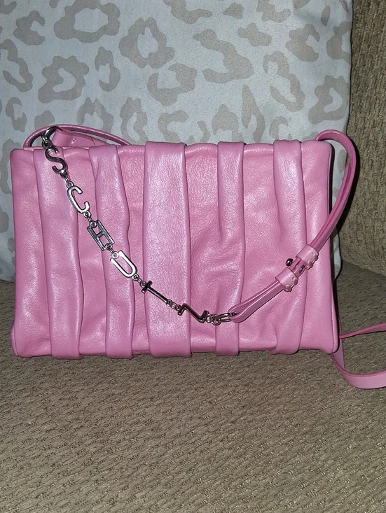 Schutz Pink Leather Pleated Crossbody Bag with Chain Accent