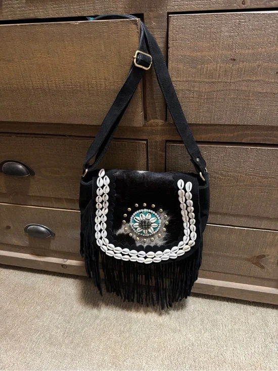 Western Boho Fringe SeaShell Accent Cowhide Crossbody Bag