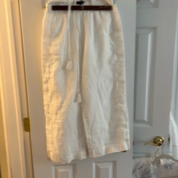 Women’s linen white pants wide leg elastic wasit with tassel tie