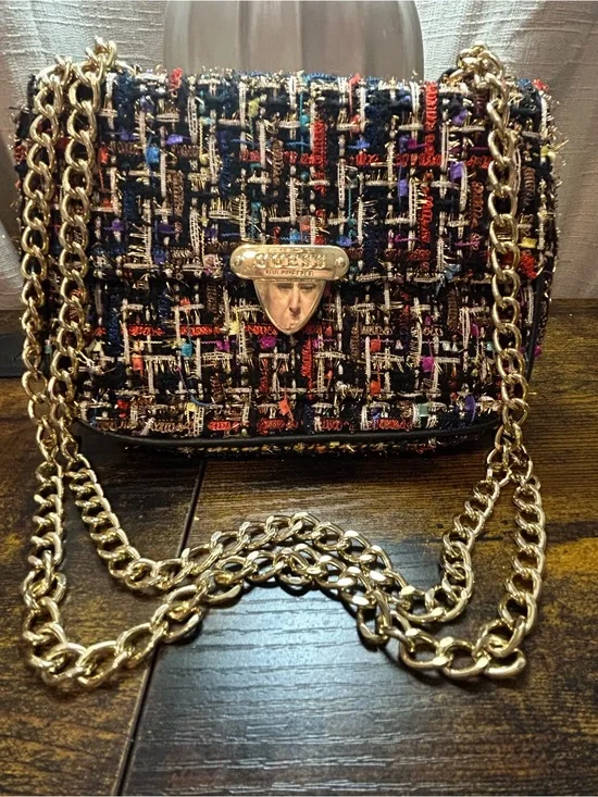 Guess Tanyel Mini Crossbody Bag Multicolor Tweed Gold Chain NWOT