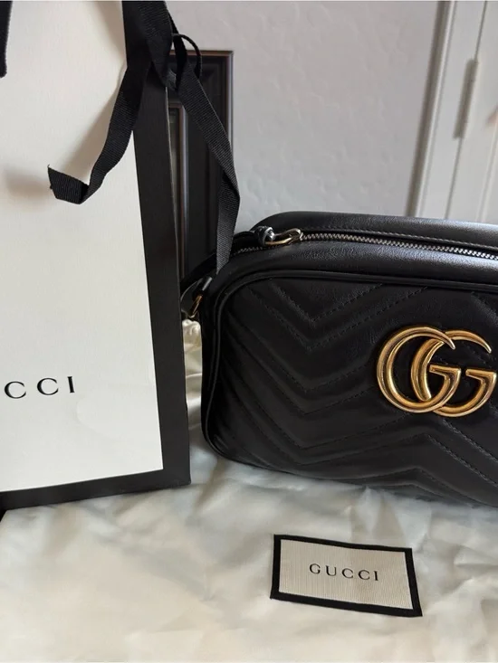 Sold on other website!    Black Quilted Shoulder Bag with Gold Double-G Accent