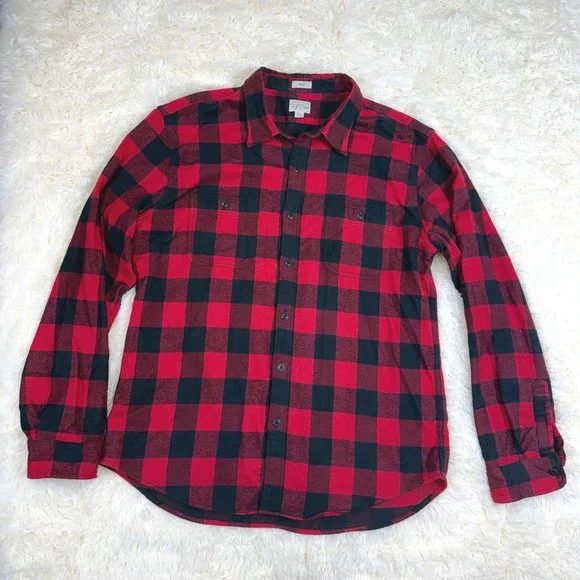J. Crew Flannel Button Down Women XL Red Black Buffalo Plaid Slim Fit Cotton