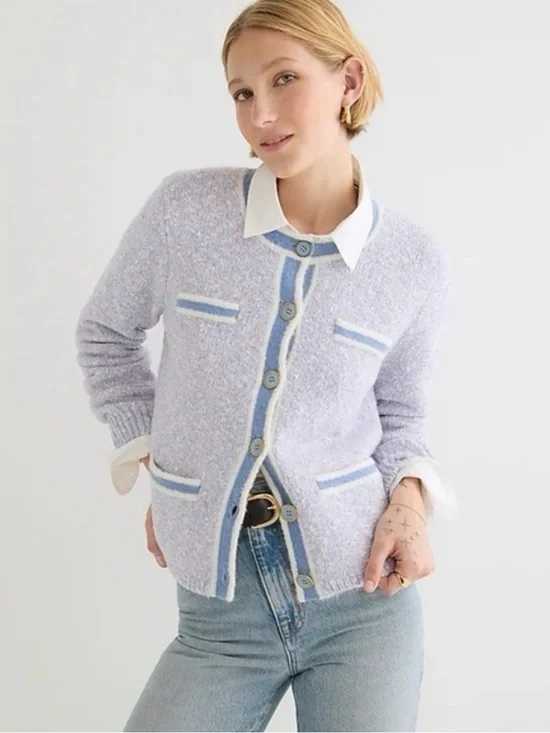 J. Crew Marled Lilac Blue Seascape White Knit Sweater Lady Jacket