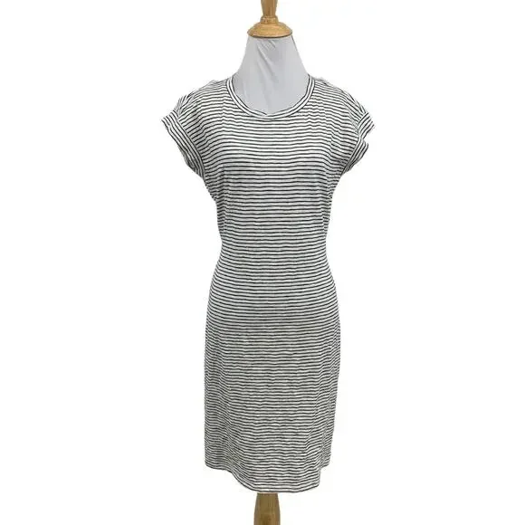 J Crew Dress Womens S Small White Navy Cotton Striped Tie Waist Crew Neck Mini