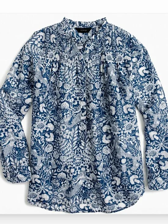 J.CREW Collection Silk-Cotton Smocked Ruffle-Neck Top in Mermaid Floral 4