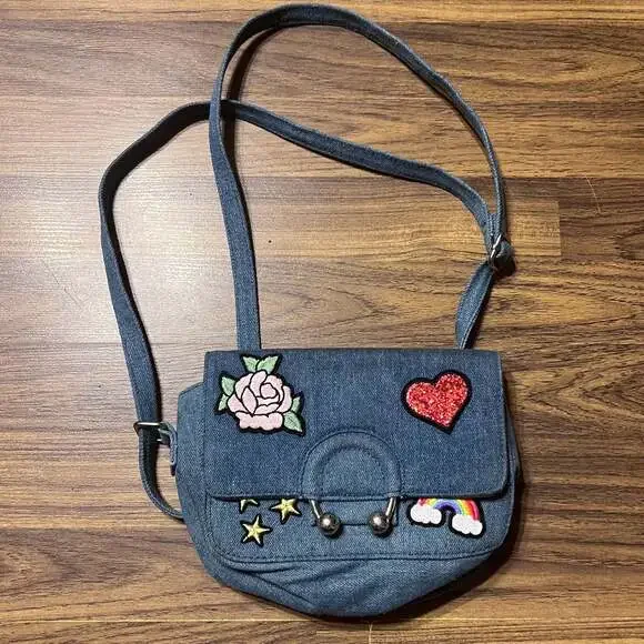 No Boundaries Denim Ring Embroidered Crossbody Bag Purse Heart Rainbow