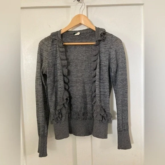 J crew gray ruffle cardigan poly/nylon/alpaca/merino wool blend Small