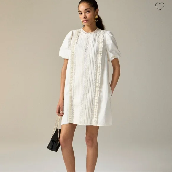 J Crew Lace Trim Pintuck Dress CJ496 Ivory NWT Romantic