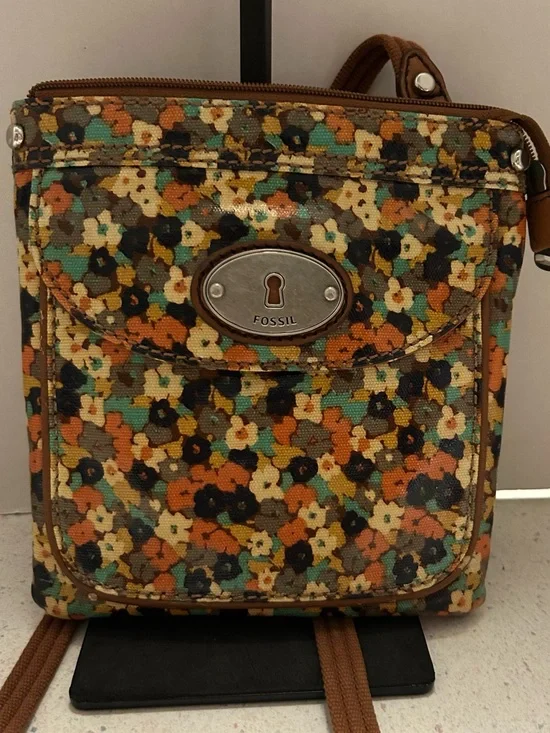 Fossil Floral Canvas Crossbody Bag - Brown, Orange, Teal