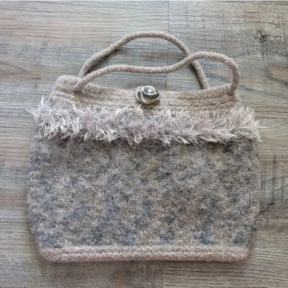 Handmade Felted Tan Marbled Bag Double Handle Top Button Closure