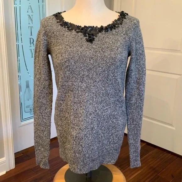 J crew 100% lambs wool long sleeve sweater black sequins detail