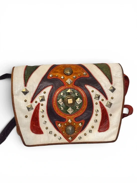 Sharif Vintage Studded Artisan Embellished Multicolor Leather Crossbody Bag