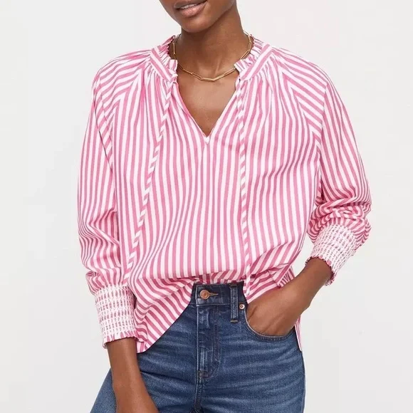 J Crew Smocked-cuff popover top in Pink and White stripe Size S