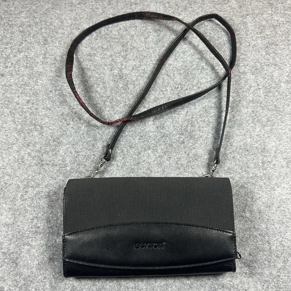 Buxton Organizer Crossbody Bag Small Black Leather Ribbed Textile