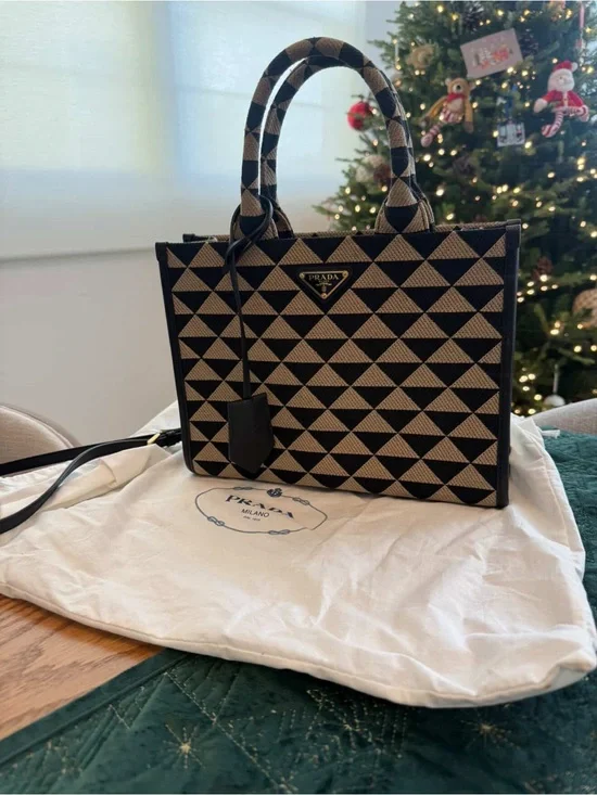 Prada Black & Beige Geometric Crossbody Tote