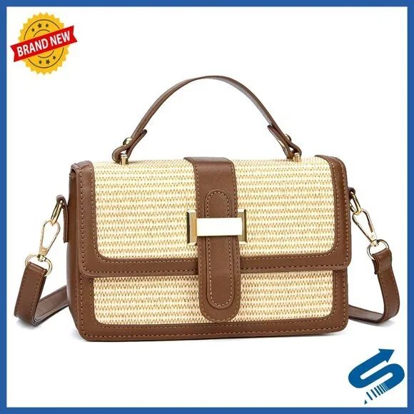 Straw Crossbody Bag PU Leather Adjustable Strap Woven Pattern Chic Summer