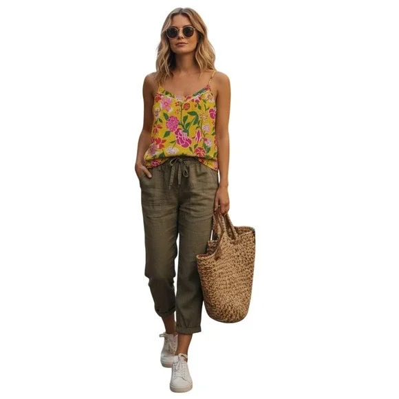 J Crew‎ Yellow Floral Print Cami Tank Top Women's Size M - 100% Cotton