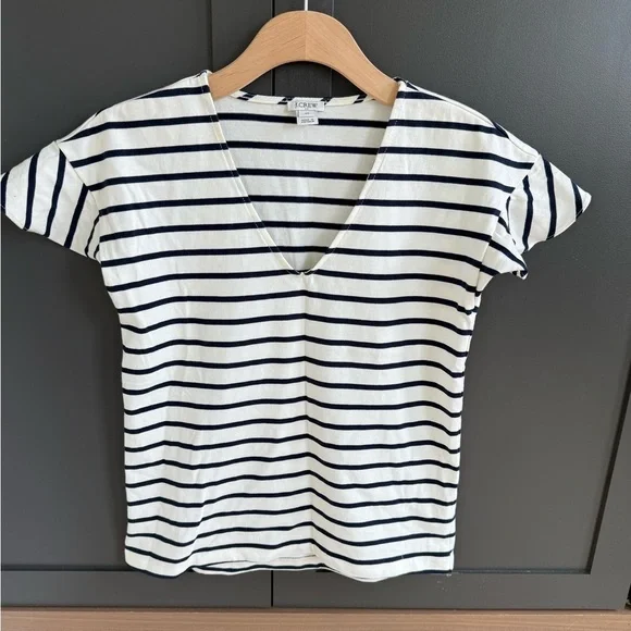 J. Crew White & Navy Striped V-Neck Flutter sleeve Cotton Top  • XS