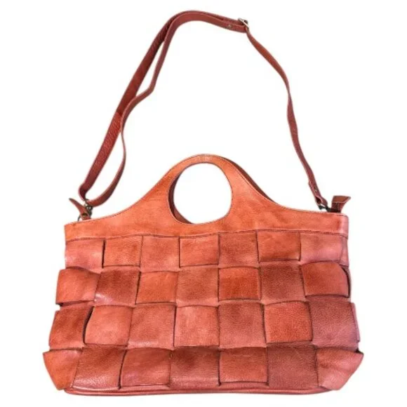 Woven Leather Crossbody Tote in Rust