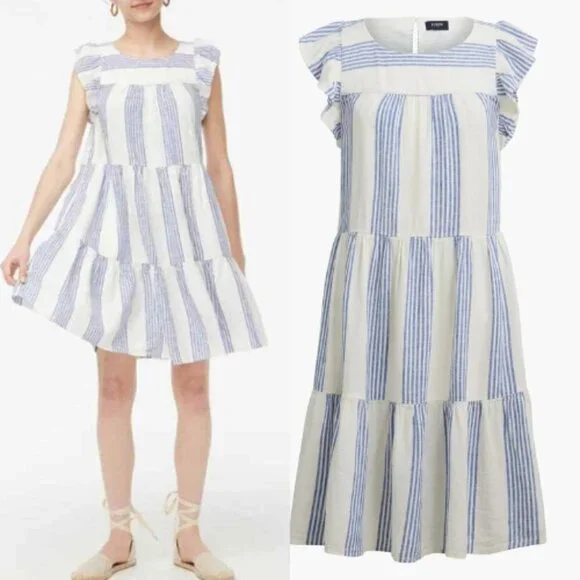 New! J Crew Linen-blend striped mini dress  Ivory Brilliant Blue 18988