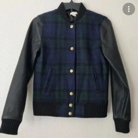 J. Crew wool plaid and faux leather bomber jacket