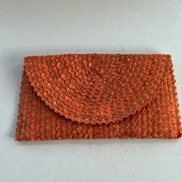 Artisan Handmade Palm Leaf Evening Clutch Woven Orange