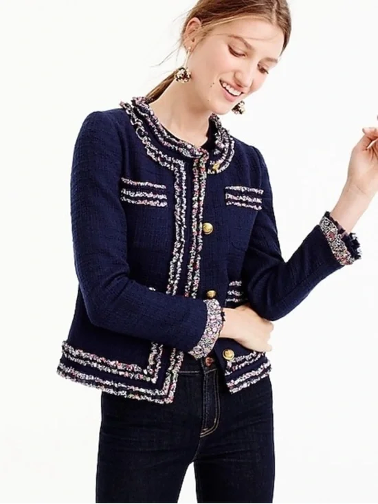 J. Crew Lady Jacket In Navy Blue Tweed Button Down Floral Ruffle Trim Size 12