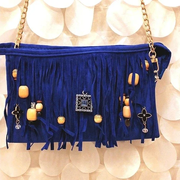 Fringed CROSSBODY BLUE Purse‎ Clutch w Chain Charm Enamel Flower Charm