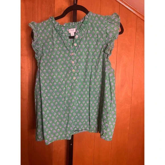 J.Crew Green Floral Block Print Ruffle Flutter Sleeve Cotton Blouse Top Large