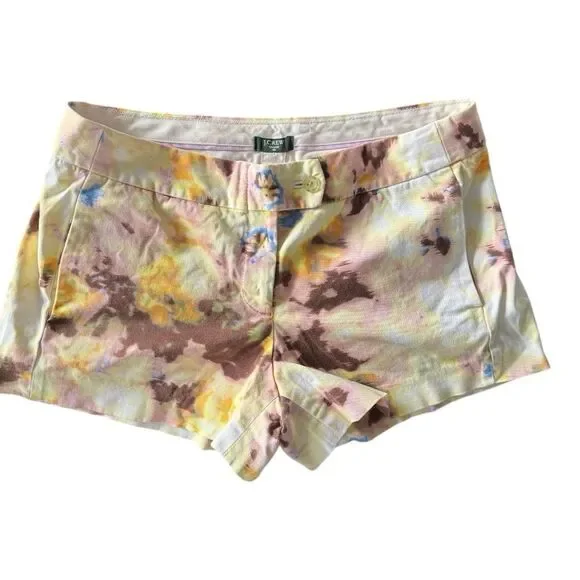 J. Crew watercolor or tie-dye print in yellow, purple, and brown tones