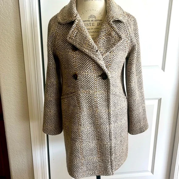 EUC J.Crew tan and brown tweed oversized button-down preppy old money pea coat