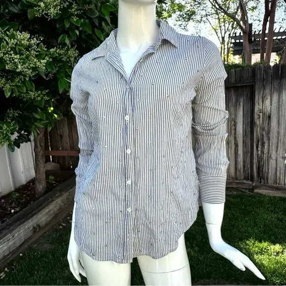J. Crew Perfect Fit Striped Bling Poplin Shirt Grey White Women's Size 4