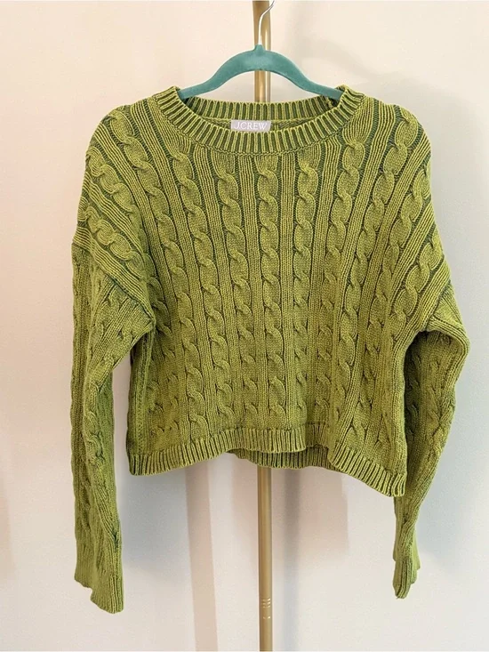 J. Crew Olive Two Tone Utility Green Cable Knit Crew Sweater