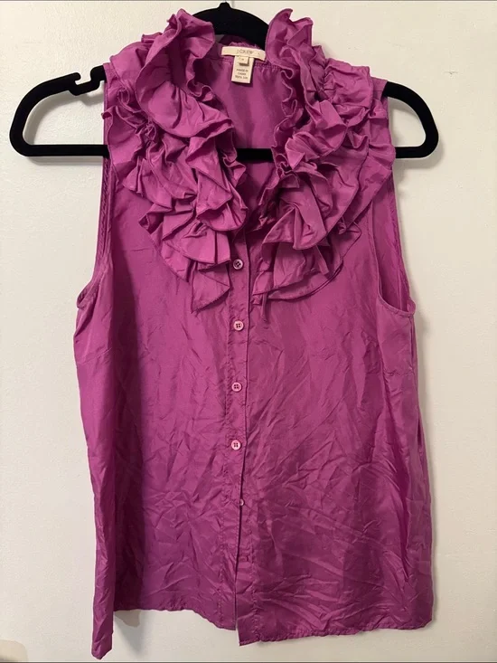 J. Crew Sleeveless Ruffle Button-Front Blouse in Magenta