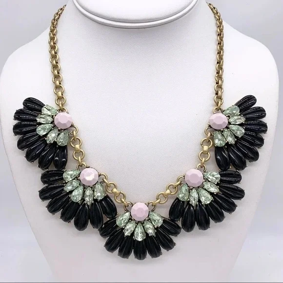 J. Crew Black Pink Green Jeweled Petal Necklace
