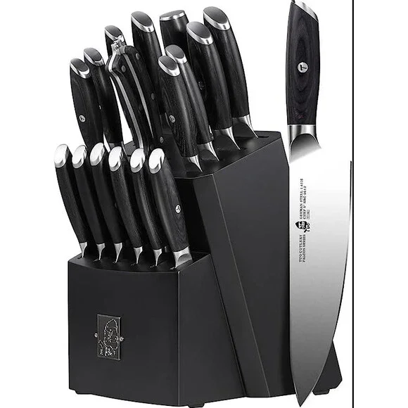 TUO Knife Block Set - 17 PCS Kitchen Knife Set with Wooden Block, FALCON SERIES