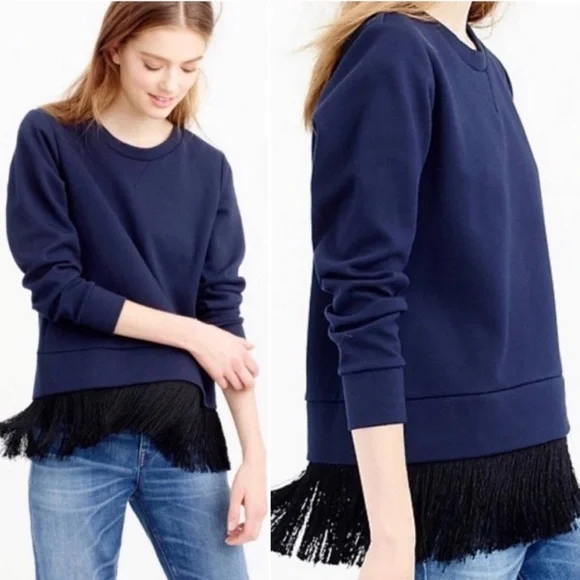 J Crew Navy‎ Blue Sweatshirt Women’s  Crew Neck With Fringes Details Size XS