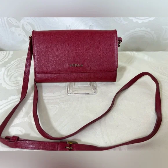 Furla Red Pebbled Leather Wallet on Chain Crossbody Clutch