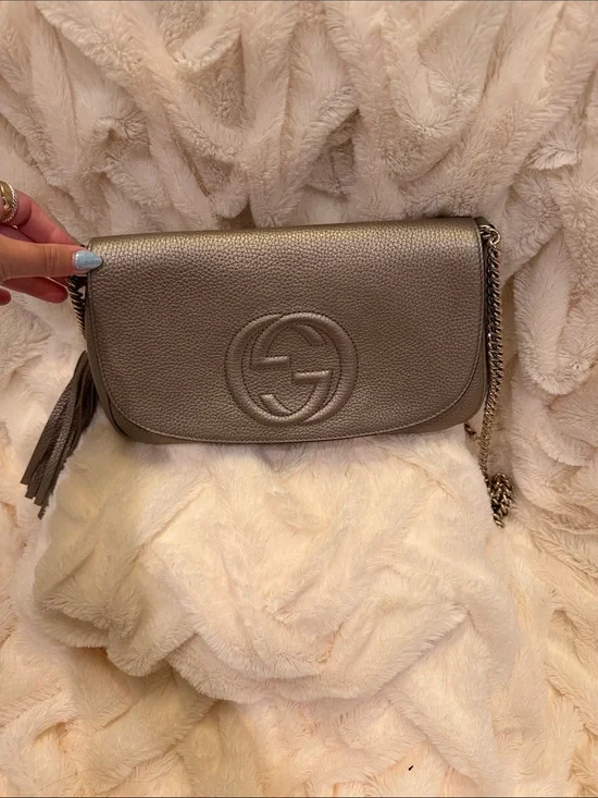 Gucci Metallic Taupe Pebbled Leather Crossbody with Tassel