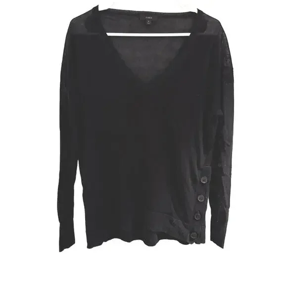 J.CREW Linen/Viscose Lightweight V Neck Black‎ Sweater Side Buttons SZ M Preppy