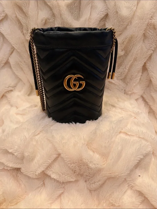 Gucci Black Quilted Chevron GG Bucket Crossbody Bag with Gold Hardware