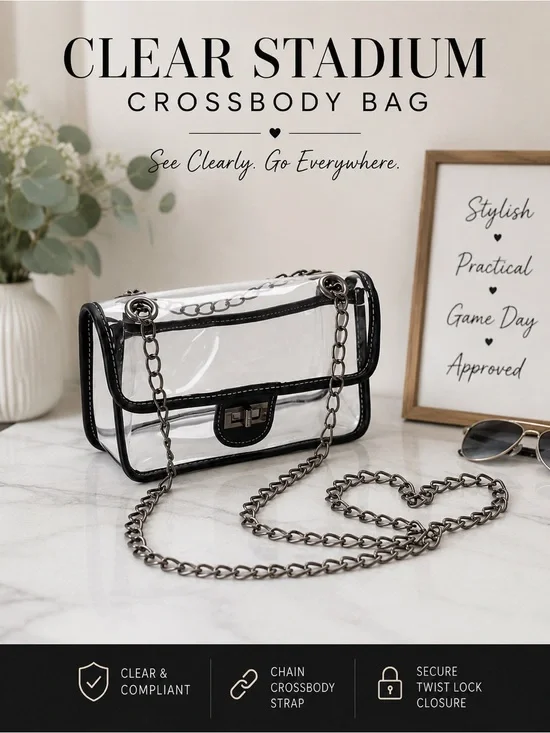 Clear Stadium-Approved Crossbody Bag | Transparent Purse with Chain Strap