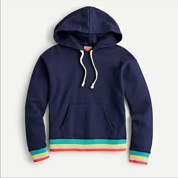J CREW Nautical Weekend blue terry Striped‎ Ribbed Rainbow Hoodie Size S Navy