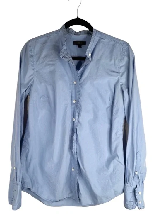 J. Crew Light Blue Ruffle Hem Minimalist Classic Button Down‎ Top Size 6 Tall