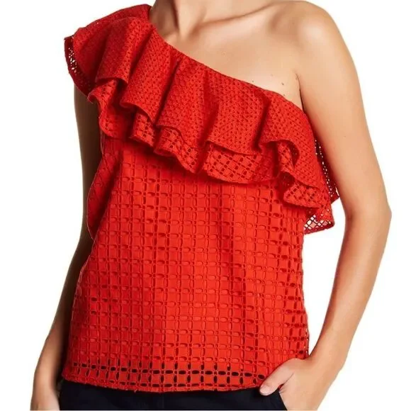 J. Crew One Shoulder Cotton Eyelet Ruffle Red Lined Top 2 Runs Medium 6/8