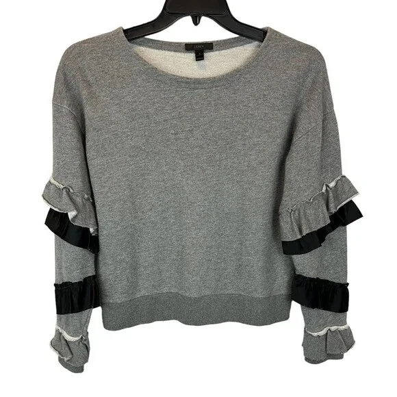 J. Crew Women's Pullover Sweatshirt w Ruffled Sleeve Size S NWOT Gray Black