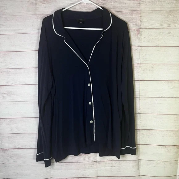 J.Crew Navy‎ Blue Button Down White Piping Pajama Top Size Large