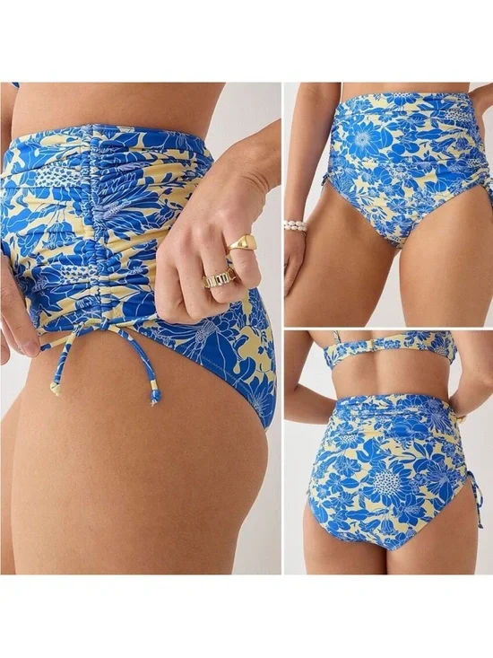 NEW J. Crew Ruched High-Rise Bikini Bottom in Blue Floral
