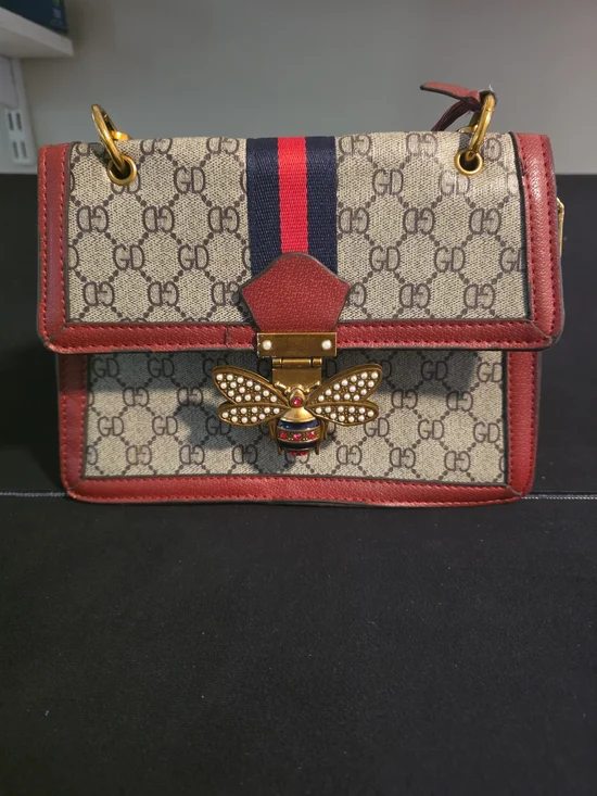 Women's Bee Clasp Monogram Crossbody Satchel Handbag Red & Beige